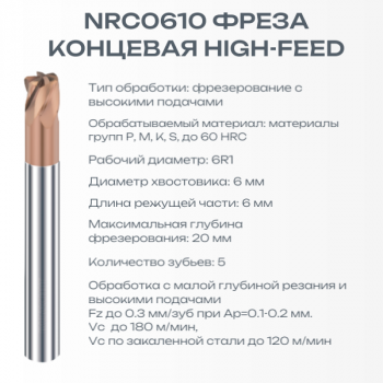 RUNCHIT NRC0610 D6.0*R1.0*6*20*L60*d6*5T фреза концевая твердосплавная