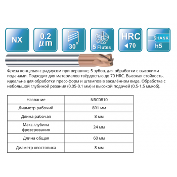 NRC0810 8R1x8x24x60x8 F5 Фреза радиусная 65HRC RUNCHIT