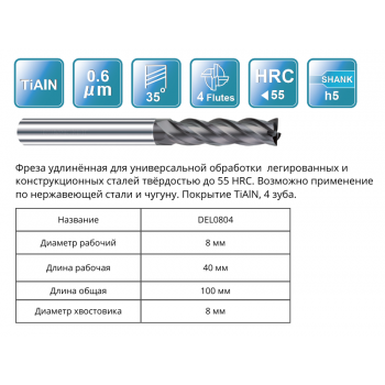 DEL0804 8x40x100x8 F4 Фреза концевая RUNCHIT