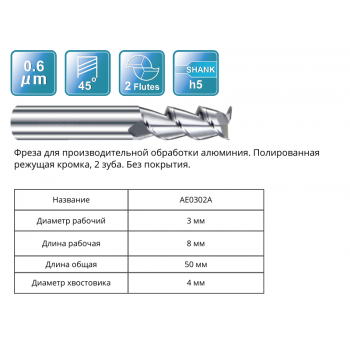 AE0302A 3x8x50x4 F2 Фреза концевая RUNCHIT