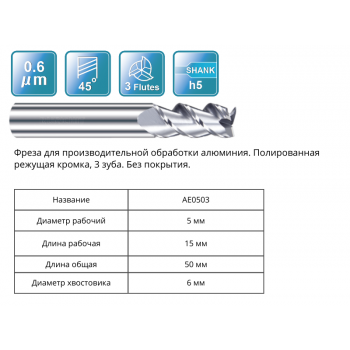 AE0503 5x15x50x6 F3 Фреза концевая RUNCHIT