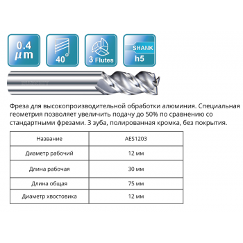 AES1203 12x30x75x12 F3 Фреза концевая RUNCHIT