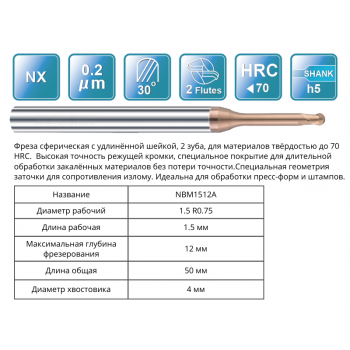 NBM1512A 1.5R0.75x1.5x12x50x4 F2 Фреза сферическая 65HRC RUNCHIT