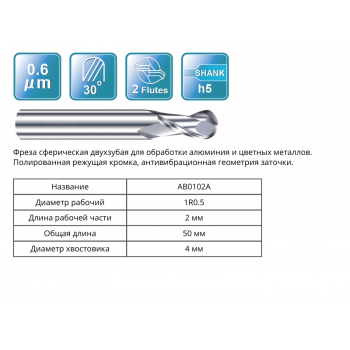 AB0102A 1R0.5x2x50x4 F2 Фреза сферическая RUNCHIT