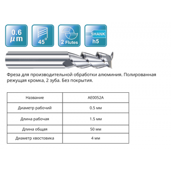 AE0052 0.5x1.5x50x4 F2 Фреза концевая RUNCHIT