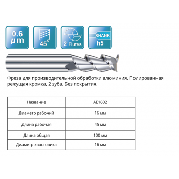 AE1602 16x45x100x16 F2 Фреза концевая RUNCHIT