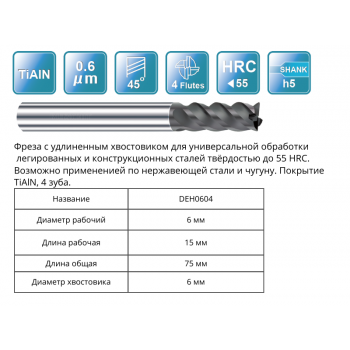 DEH0604 6x15x75x6 F4 Фреза концевая RUNCHIT