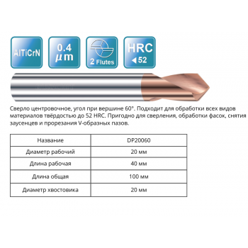 DP20060 Сверло центровочное т/с 20 мм 60° RUNCHIT