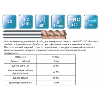 NEI0604 6x20x23x100x6 F4 Фреза концевая 65HRC RUNCHIT