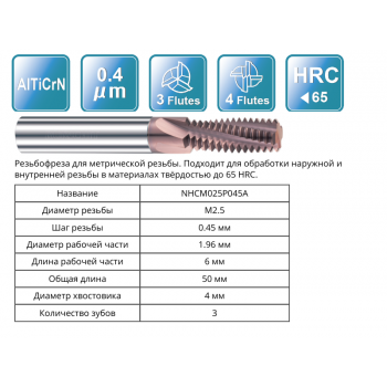 NHCM025P045A M2.5x0.45 (1.96x6x50x4) F3 Резьбофреза RUNCHIT
